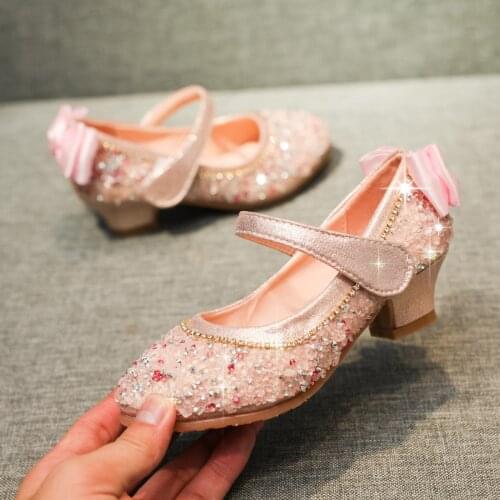 Girls Dress Shoes Wedding Party Heel Princess Marys Jane Flower Shoes Children Kids Shoes Round Toe Beads Bow Performance Prop