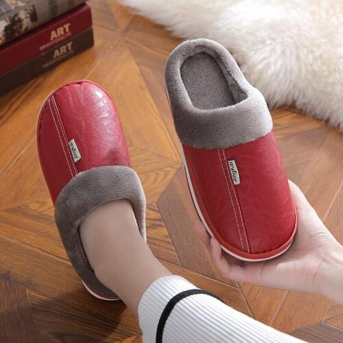 Fashion Home Men Cotton Slippers Plush Warm Slippers Casual Solid Color Leather Flat Shoes Women Non-slip Wearable Slippers