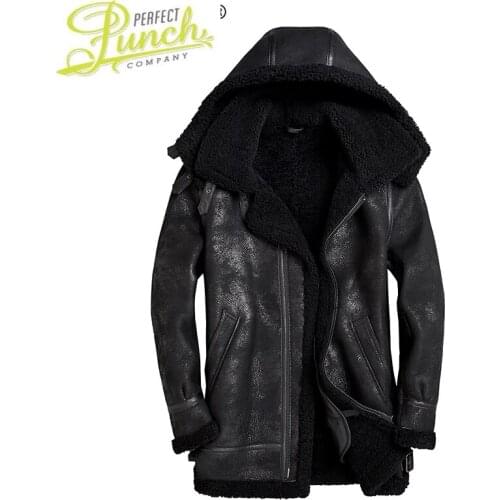 Genuine Real Leather Jacket Men Hooded Winter Sheepskin Coat Vintage Real Wool Fur Coats Mens Leather Jackets KJ3226