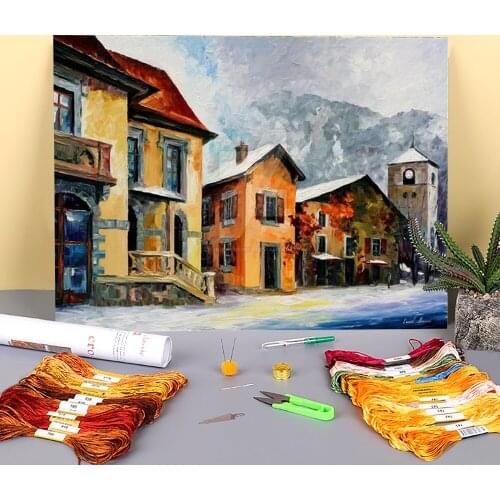 Switzerland Town In The Alps Printed Canvas 11CT Cross Stitch DIY Embroidery Kit DMC Threads Handiwork Painting work Gift