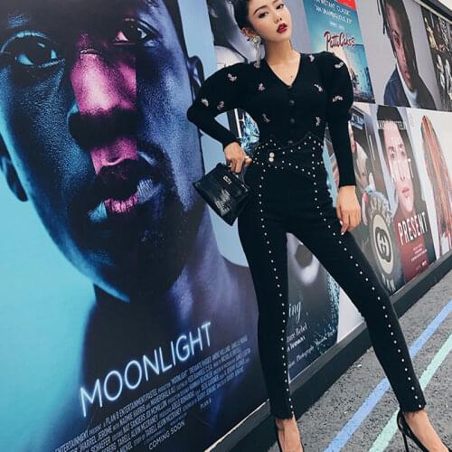 New Womens Autumn Winter Denim Jeans Black Rivets Jeans Feminino Empire Sexy Capris Pencil Pants Denim Ladies Trousers NZ85