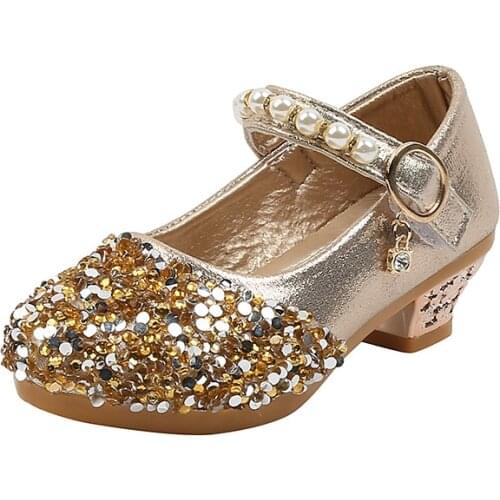Girls Leather Shoes Stage Show Performance Dress Shoes High Heels Rhinestone Kids Glitter Shoes Princess Sweet Soft Pearls Beads