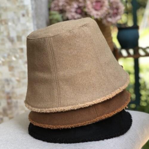 Japanese Flat-top Woolen Cloth Inner Circle Velvet Bucket Fisherman Hat Female Autumn and Winter Warm Double-sided Basin Hat