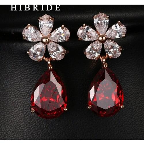 HIBRIDE Jewelry Red AAA Cubic Zircon Dangle Earrings ,Rose Gold Color Women Wedding Party Earrings E-54