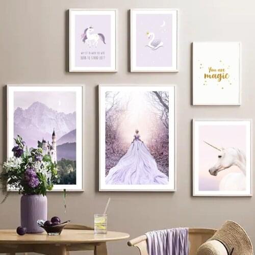Castle Princess Unicorn Swan Purple Dream Quote Wall Art Canvas Painting Nordic Posters And Prints Wall Pictures Girl Room Decor