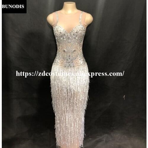ZD287 Women Sexy Silver Tassel Long Skirt Sleeveless Big Sparkling Crystals Nightclub Party Performance Dancer Singer Stage Wear