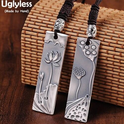 Uglyless Summer Coming Blooming Lotus Pendants Rope Necklaces for Women Elegant Ethnic Rectangle Square Medal Jewelry 999 Silver
