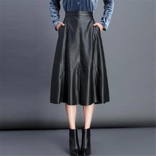 New Autumn and Winter Fashion Skirt Black High Quality PU Leather Skirt High Waist Loose Medium and Long Skirt Women Skirt