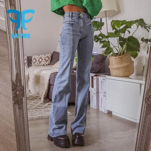 FAVRE Women Jeans Spring Mid-Waist Flare Pants Back Five-Pointed Star Contrast Trousers Womens Vintage Baggy Straight Jeans
