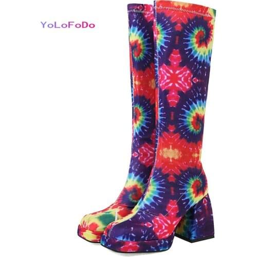 Plus Size 43 Women Knee High Boots Platform Thick High Heel Ladies Boots PU Leather Snake Print Square Toe Women Zipper Boots