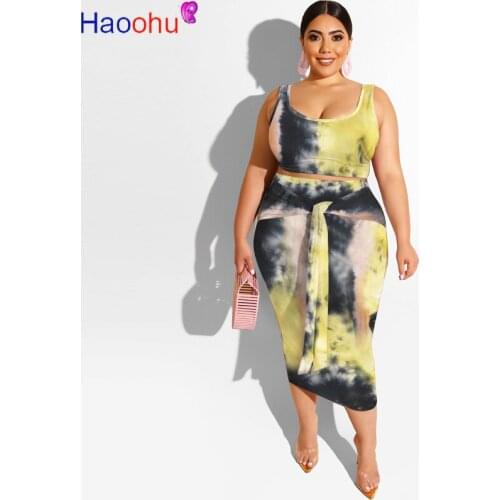 Plus Size Tie Dye Print Women Two Pieces Sets Sleeveless Tank Crop Top and Tie Up Bodycon Skirt Sweatsuits Vintage Matching Sets