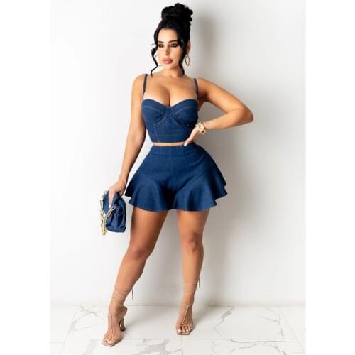 Cutubly Shorts Skirts Casual 2 Piece Set Sexy Halter Vest Top Two Piece Sets Ruffle Skinny Streetwear Jean Women Sets