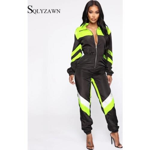 Casual Neon Color Patchwork Loose Jumpsuits Women Zipper Long Sleeve Rompers Fashion Autumn 2019 One-piece Jumpsuit Overalls