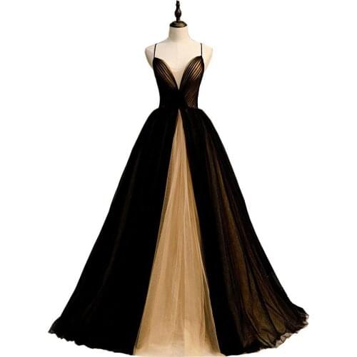 Evening Dresses Long for Women 2021 Black Gold Contrast Color Pleats Sweetheart Tulle Spaghetti Strap A-Line Prom Gowns 038