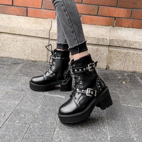 Black Punk Lace up Platform Boots Women Round Toe Rivets Buckle Ankle Boots for Women Martin Boots Women Goth Boots
