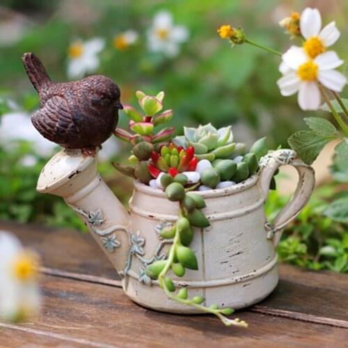 Lovely Resin Flowerpot Pastoral Bird Shower Kawaii Zakka Succulents Kettle Plant Pot Mini Landscape Garden Home Office Decor