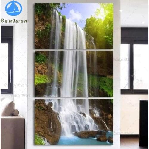 3 Piece Waterfall Landscape DIY 5D Diamond Painting sunrise Full square /round diamond Cross Stitch Rhinestone Mosaic Home Decor