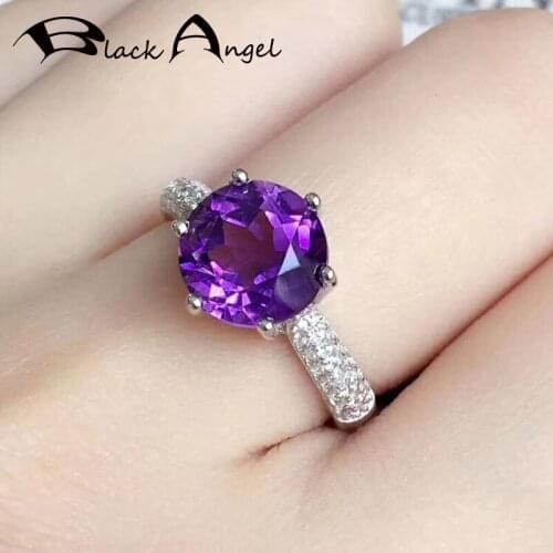 BLACK ANGEL New Lab-Created Round Deep Amethyst Ring For Women Exquisite Temperament Purple Gemstone Ring Silver Fashion Jewelry