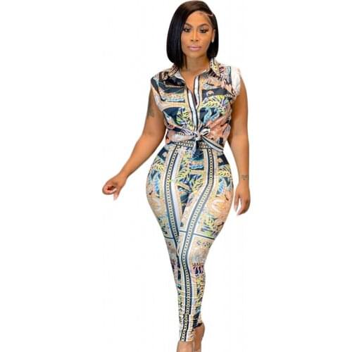 Summer Women Set Graffiti Print Sleeveless Turn-down Shirt Tops Sheath Elastic Long Legging Pants 2 Two Piece Set Fashion Outfit