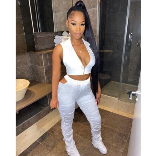 Summer Two Piece Set Women Solid Sexy Zip Vest Crop Top+stacked Sweatpants Pants Sets Club Outfits Streetwear Wholesale Items