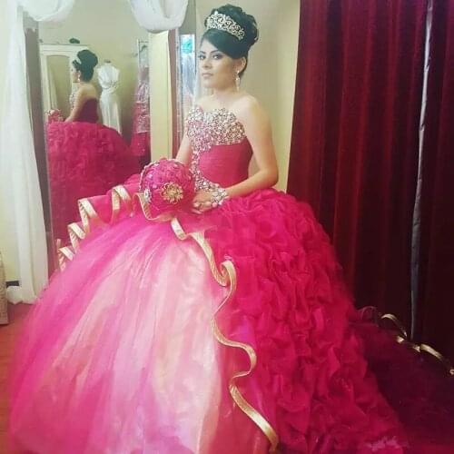 Girls Sweet 16 Party Gowns Beaded Puffy Train Gold Edge Vestidos De 15 Anos Prom Dresses Ball Gown Quinceanera Dresses