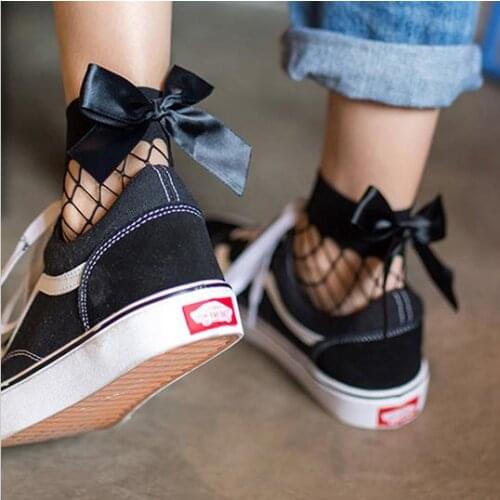 Fashion Harajuku 2020 New Women Sexy Black Mesh Short Ankle Socks Girls Fishnet Socks With Cute Bow Transparent Socks Women