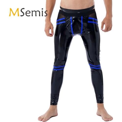 Mens Lingerie Open Back Striped Patent Leather Leggings Low Rise Elastic Waistband Skinny Pants Night Club Performance Trousers