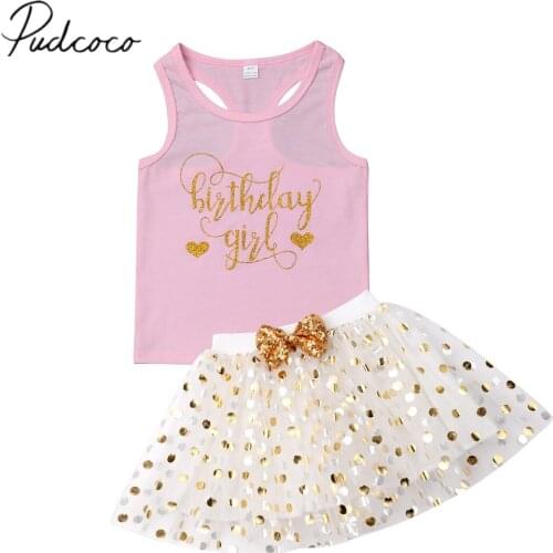2019 Brand New 1-6Y Toddler Kid Baby Girl Birthday Outfits 2PCS Sleeveless Pink Vest Tops+Bow Lace Dot Tutu Skirt Summer Clothes