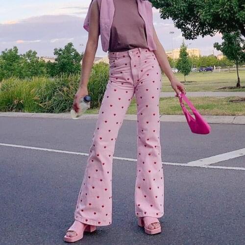2020 Autumn And Winter New Womens Sweet Love Print High-Waist Slim Wide-Leg Pants Casual Street Trousers S M L