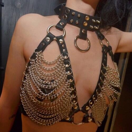 Sexy Women Metal Chain Strappy Halter Bondage Bustier Gothic Faux Leather Rivet Chest Harness Cage Bra Nightclub Fetish Costume