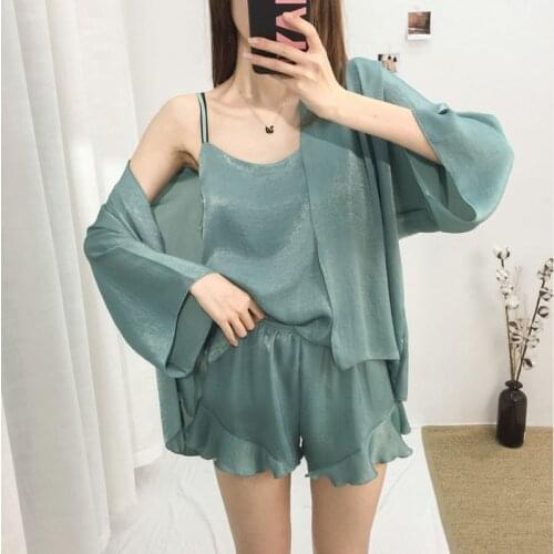 Sanderala Sexy Women 3 Pieces Pajamas Set Sleepwear Lingerie Ruffle Shorts Nightgown Sleeveless Nighty Sets Pants Pajama Women