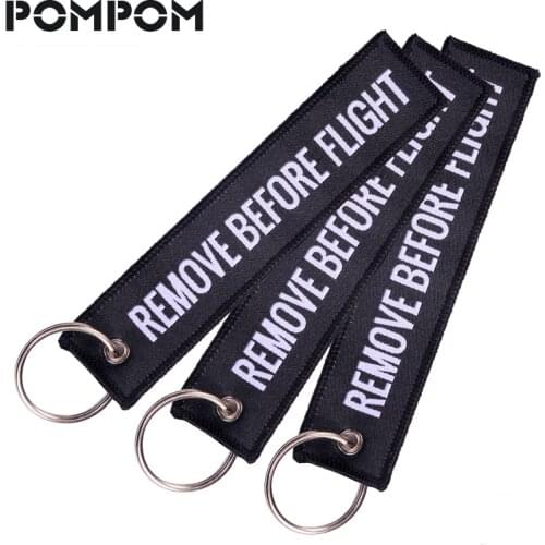 POMPOM Remove Before Flight Black with White Woven Keychain Aviation Gifts 5.12'' *1.10'' KeyChains Fashion Jewelry 3 PCS/LOT