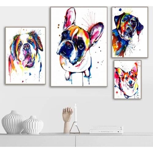 Colorful Animal Dog Canvas Painting French Bulldog Labrador St Bernard Poster Abstract Wall Art Canvas Prints Pictures Decor Art