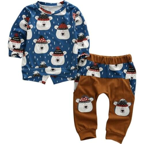 Casual Cotton Clothes 2Pcs Toddler Kids Baby Boy Winter Clothes Ruffle Bear Tops Long Pants 2pcs Outfit Set