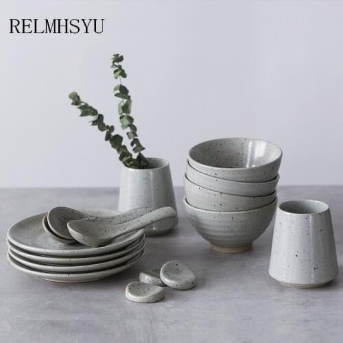 1PC RELMHSYU Japanese Style Retro Simple Ceramic Rice Bowl Round Steak Dinner Plate Tableware Set