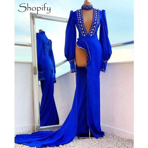 Luxury Long Evening Dress 2020 Sexy High Slit Long Sleeves Royal Blue Crystals African Women Party Night Clebrity Formal Gowns