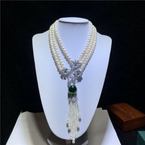 Hand knotted 3rows natural 8-9mm white freshwater pearl fashion necklace micro inlay zircon accessories