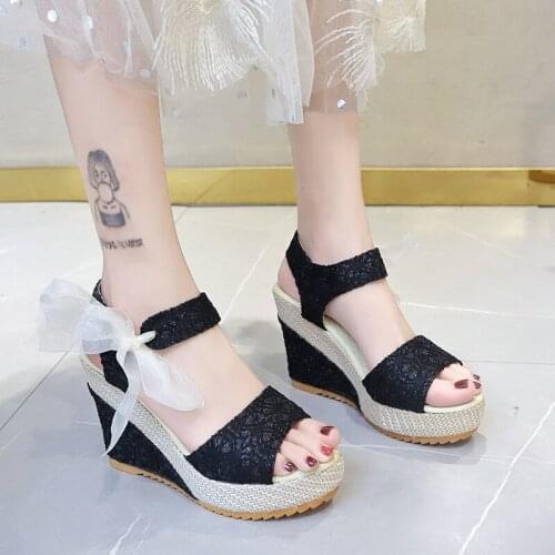 Casual Wedge Sandals Ladies Summer Lace Bowknot Shoes Thick-soled Sandals Ladies Sweet Casual Ladies Sandals Womens Shoes