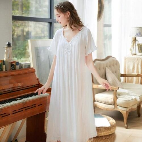 Women White Sexy Sleepwear Female Gown Cotton Night dress Lace Nightwear Homewear Long Luxury Nightgown