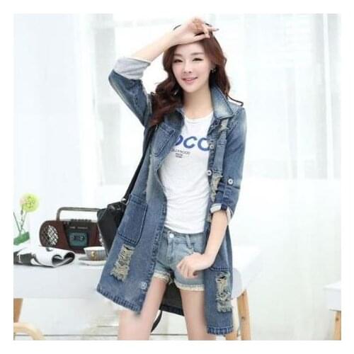 Women Jackets Plus Size Denim Jackets Women Hole Boyfriend Style Long Sleeve Vintage Jean jacket Denim jacket