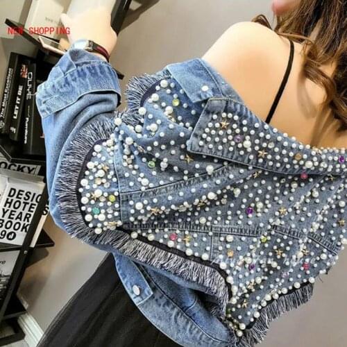 2020 Autumn Denim Jacket Women Hand-studded Pearls Punk Tassel Veste Femme Loose Short Jeans Coats Chaquetas Mujer Streetwear