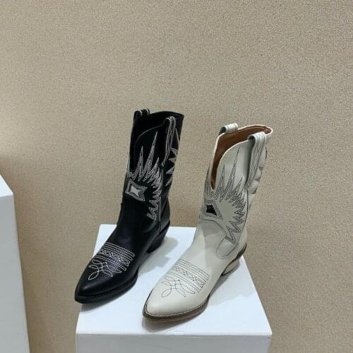 Retro Pointed Toe Modern Boots Embroider Sewing Ladies Shoes Mid-Calf Slip On Autumn Winter Warm Fashion New Pumps Mujer Zapatos