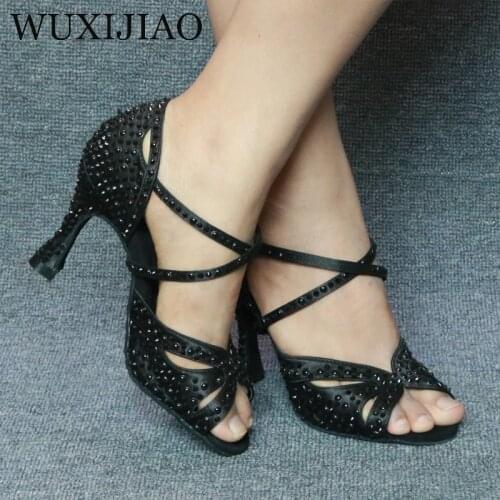 WUXIJIAO Brand Womens Ballroom Dance Latin Dance Shoes Salsa Dance Sandals 8.5/9/7.5CM High Heels