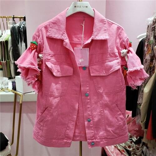 Pink Denim Vest Coat for Women 2021 Spring Summer Womens Clothes New Lapel Ruffle Sleeve Three-Dimensional Doll Sleeveless Top