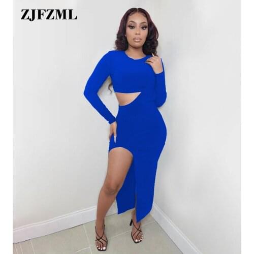 Solid Asymmetrical Shape Two Piece Set Women Sexy Long Sleeve Bandage T-shirt+side High Split Irregular Skirt Party Clubwear