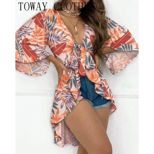 Women Summer Tropical Print Ruffles Trim Tie Front Bell sleeve Top