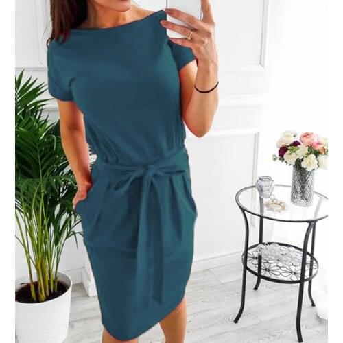 2019 New Fashionable Womens Sheath Dress Casual O-Neck Short Sleeve Slim Pocket Belt Dresses Sexy Bodycon Club Vestidos
