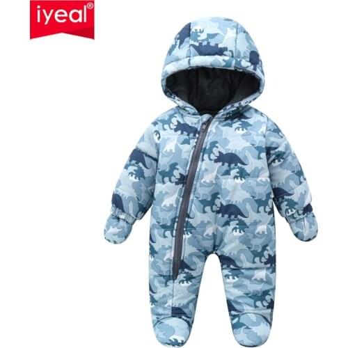 IYEAL Winter Overalls For Newborns Rompers Baby Girl Clothes Print Dinosaurs Hooded Thick Warm Infant Jumpsuit Toddler Outerwear