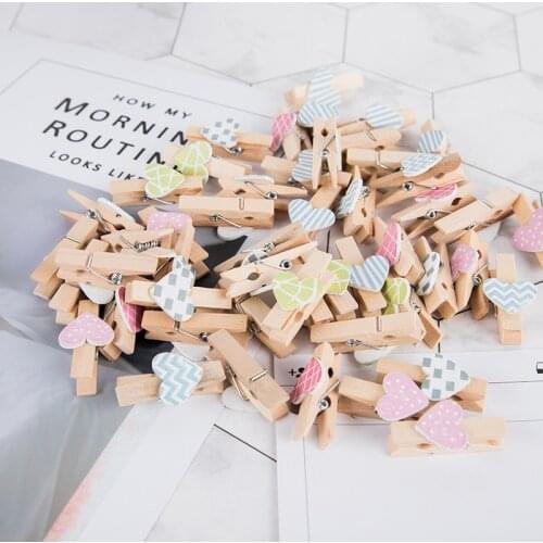 50pcs Colorful Heart Small Mini Wooden Clothes Pegs / Decorative Pegs with Hearts Craft Clips DIY Photo Cards Peg