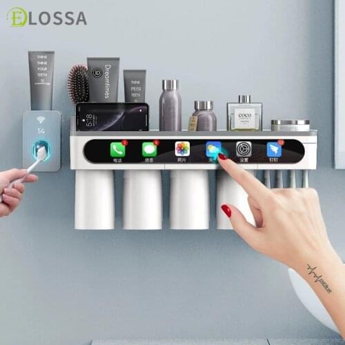 ELOSSA Automatic Toothpaste Dispenser Wall Mount Dust-proof Toothbrush Holder Wall Mount Storage Rack Bathroom Accessories Set